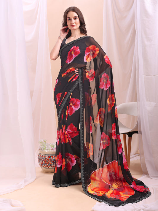 Leelavati Printed, Embellished, Embroidered Daily Wear Chiffon Saree (Black)