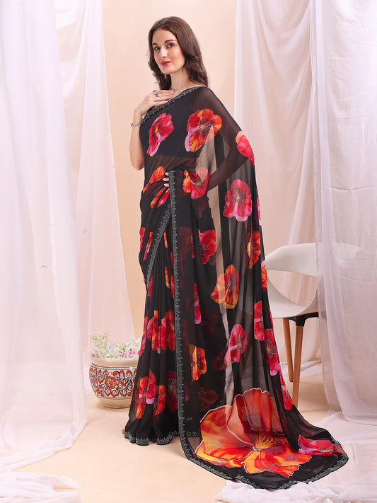 Leelavati Printed, Embellished, Embroidered Daily Wear Chiffon Saree (Black)