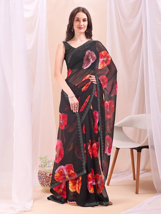 Leelavati Printed, Embellished, Embroidered Daily Wear Chiffon Saree (Black)