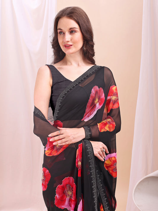 Leelavati Printed, Embellished, Embroidered Daily Wear Chiffon Saree (Black)