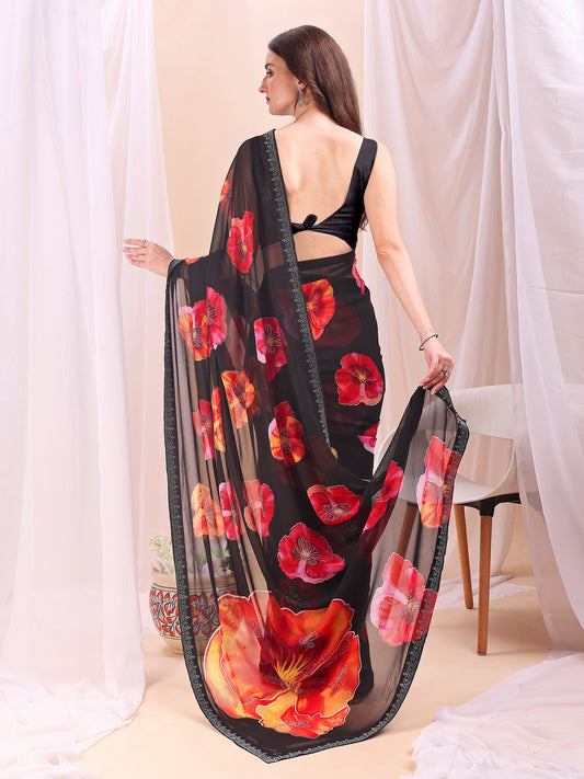 Leelavati Printed, Embellished, Embroidered Daily Wear Chiffon Saree (Black)