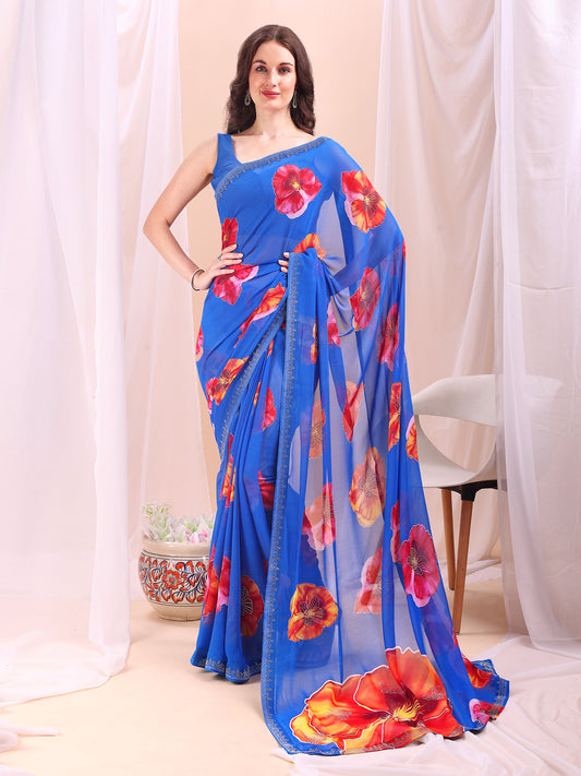 Leelavati Printed, Embellished, Embroidered Daily Wear Chiffon Saree (Blue)