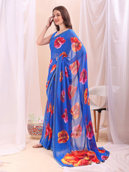 Leelavati Printed, Embellished, Embroidered Daily Wear Chiffon Saree (Blue)