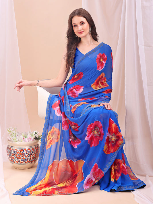 Leelavati Printed, Embellished, Embroidered Daily Wear Chiffon Saree (Blue)