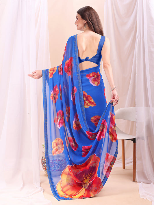 Leelavati Printed, Embellished, Embroidered Daily Wear Chiffon Saree (Blue)