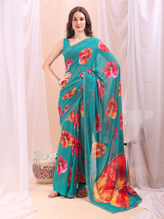 Leelavati Printed, Embellished, Embroidered Daily Wear Chiffon Saree (Light Blue)