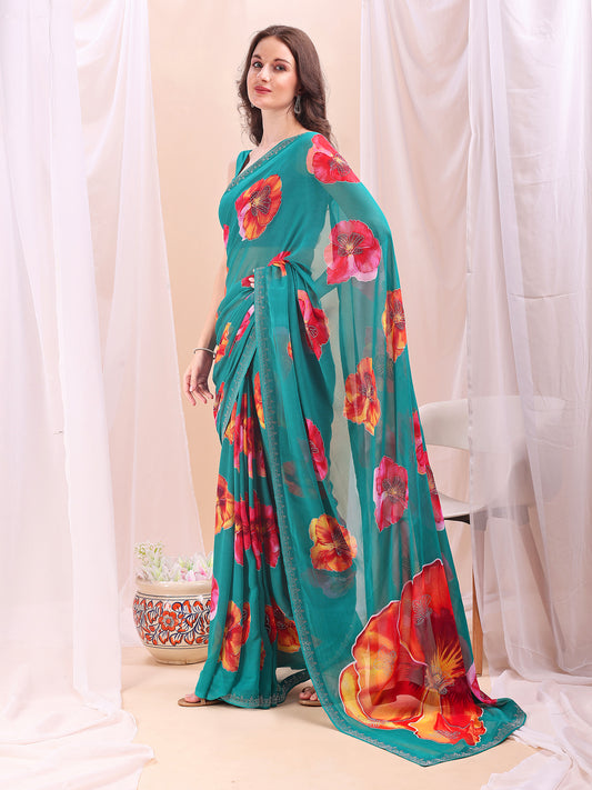 Leelavati Printed, Embellished, Embroidered Daily Wear Chiffon Saree (Light Blue)
