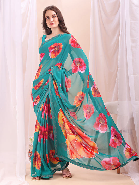 Leelavati Printed, Embellished, Embroidered Daily Wear Chiffon Saree (Light Blue)