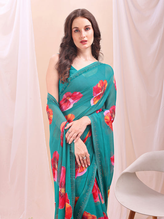 Leelavati Printed, Embellished, Embroidered Daily Wear Chiffon Saree (Light Blue)