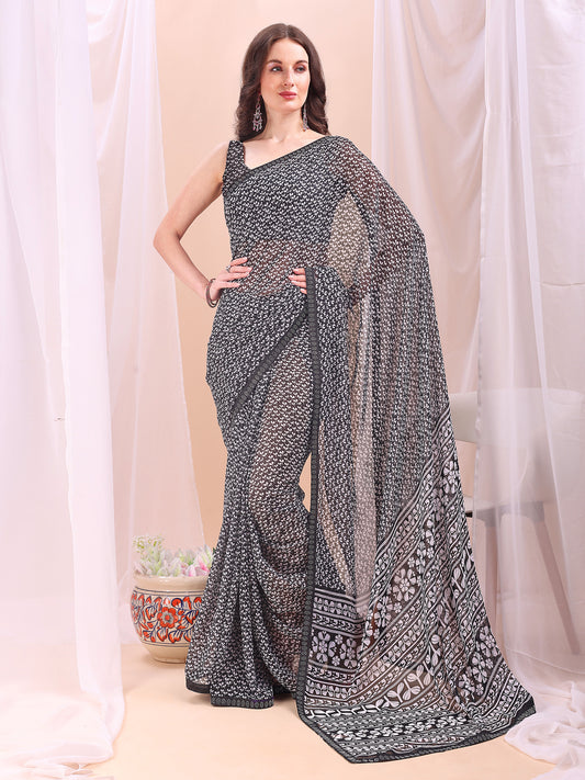 Leelavati Printed, Embellished, Embroidered Daily Wear Chiffon Saree (Black)