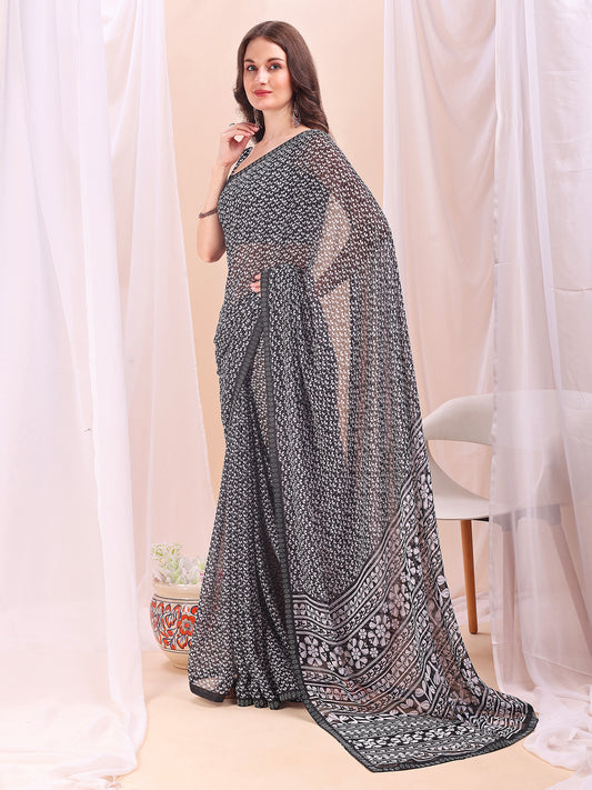 Leelavati Printed, Embellished, Embroidered Daily Wear Chiffon Saree (Black)