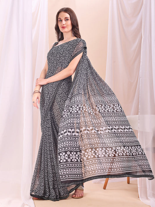 Leelavati Printed, Embellished, Embroidered Daily Wear Chiffon Saree (Black)