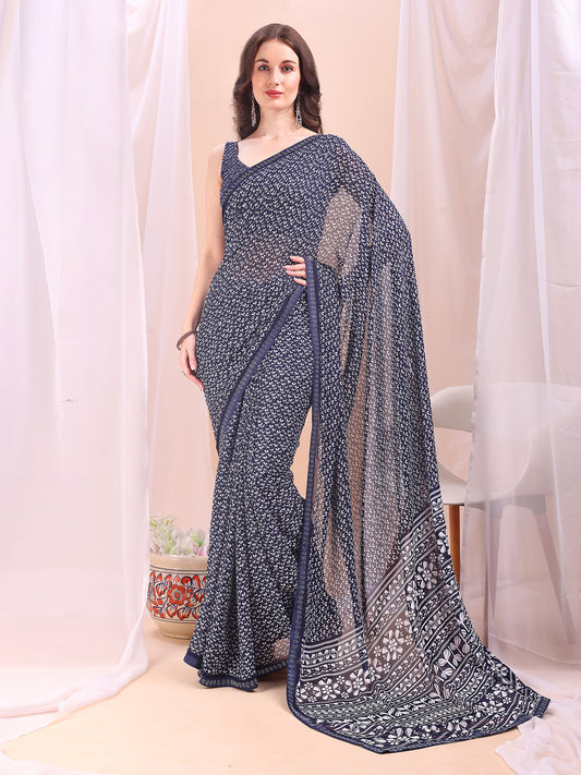 Leelavati Printed, Embellished, Embroidered Daily Wear Chiffon Saree (Dark Blue)