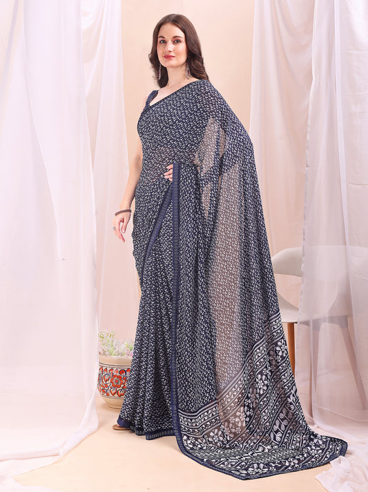 Leelavati Printed, Embellished, Embroidered Daily Wear Chiffon Saree (Dark Blue)