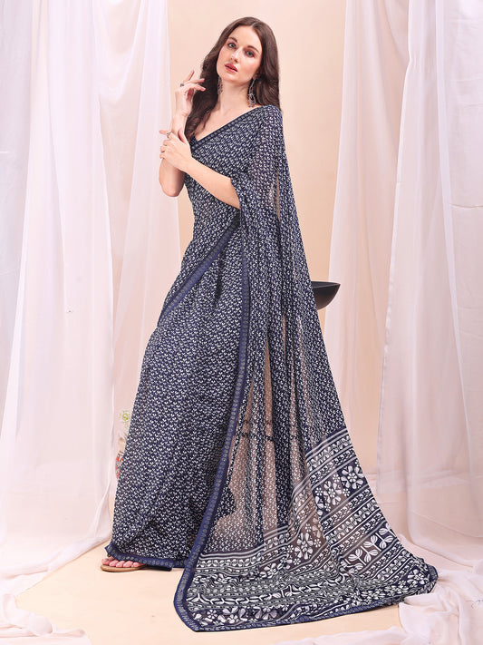 Leelavati Printed, Embellished, Embroidered Daily Wear Chiffon Saree (Dark Blue)
