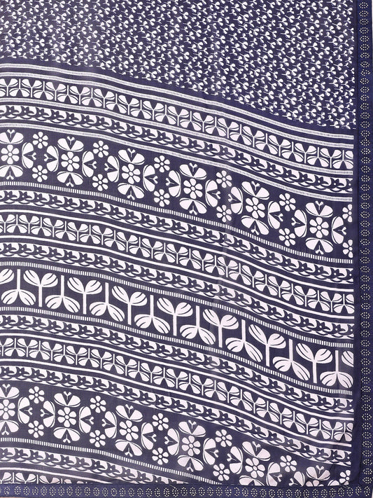 Leelavati Printed, Embellished, Embroidered Daily Wear Chiffon Saree (Dark Blue)