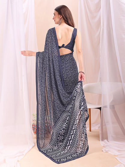 Leelavati Printed, Embellished, Embroidered Daily Wear Chiffon Saree (Dark Blue)