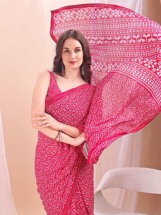 Leelavati Printed, Embellished, Embroidered Daily Wear Chiffon Saree (Red)