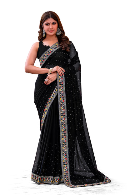 Leelavati Striped, Embroidered Bandhani Georgette Saree (Black)