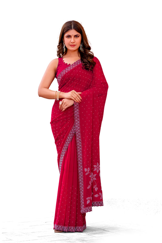 Leelavati Embroidered, Embellished Bollywood Georgette Saree (Red)