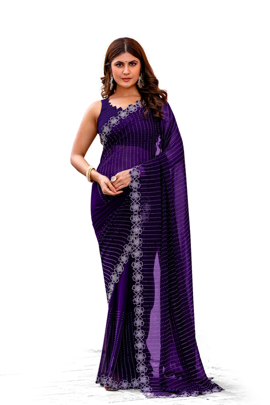 Leelavati Embroidered, Embellished Bollywood Georgette Saree (Purple)