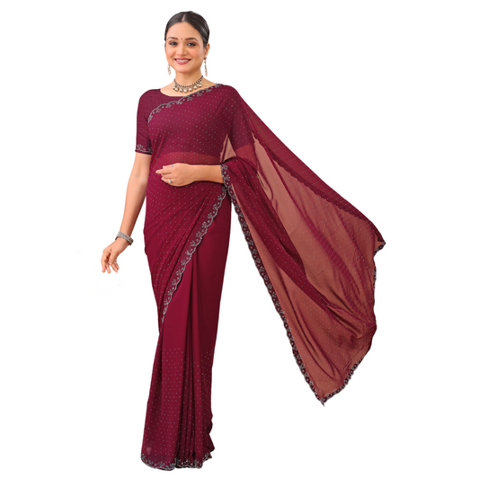 Leelavati Embellished Bollywood Chiffon Saree (Maroon)