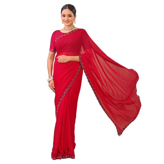 Leelavati Embellished Bollywood Chiffon Saree (Red)