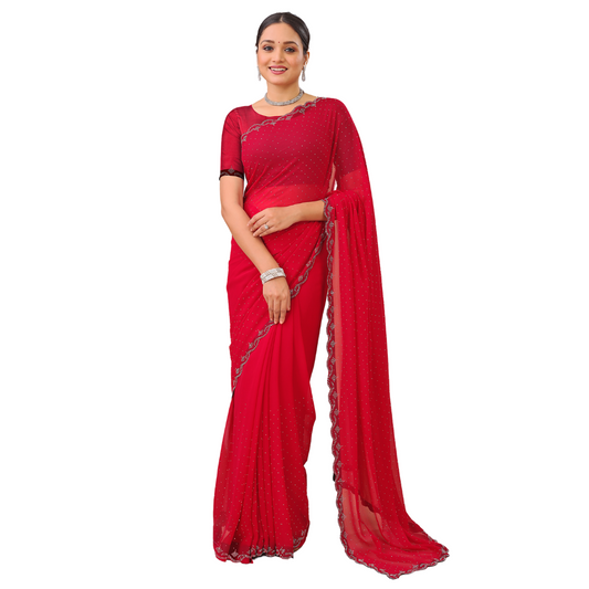 Leelavati Embellished Bollywood Chiffon Saree (Red)