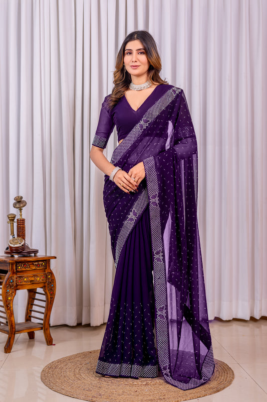 Leelavati Embroidered, Embellished Bollywood Georgette Saree (Purple)