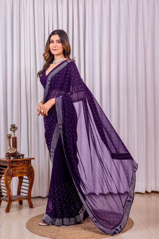 Leelavati Embroidered, Embellished Bollywood Georgette Saree (Purple)