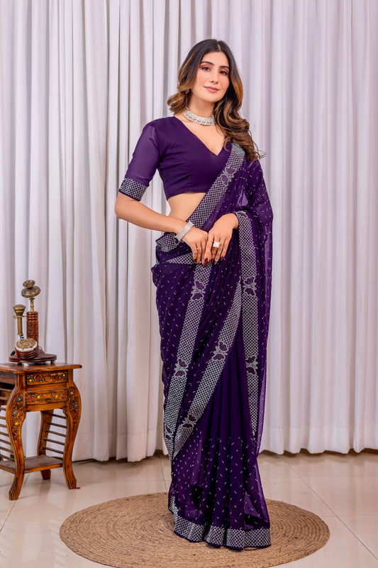 Leelavati Embroidered, Embellished Bollywood Georgette Saree (Purple)