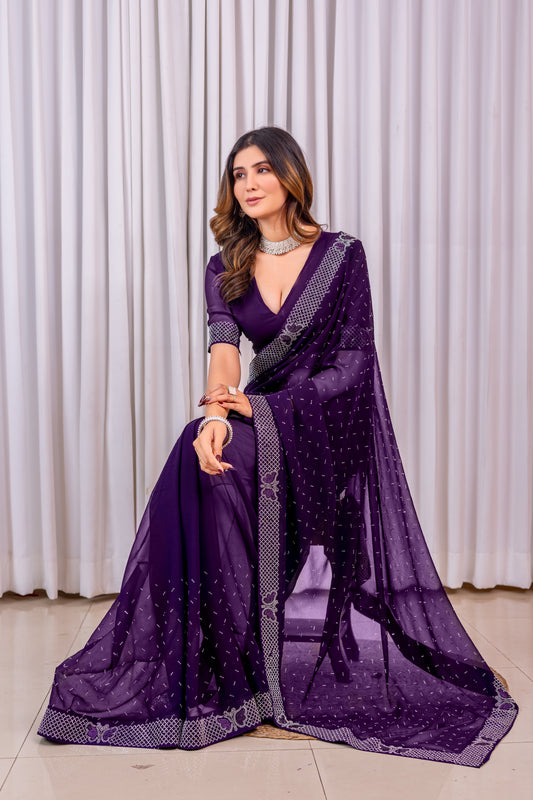 Leelavati Embroidered, Embellished Bollywood Georgette Saree (Purple)