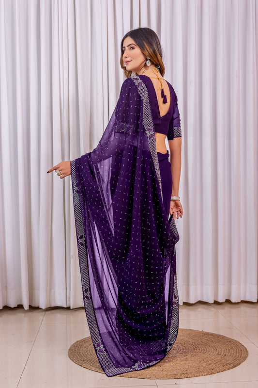 Leelavati Embroidered, Embellished Bollywood Georgette Saree (Purple)