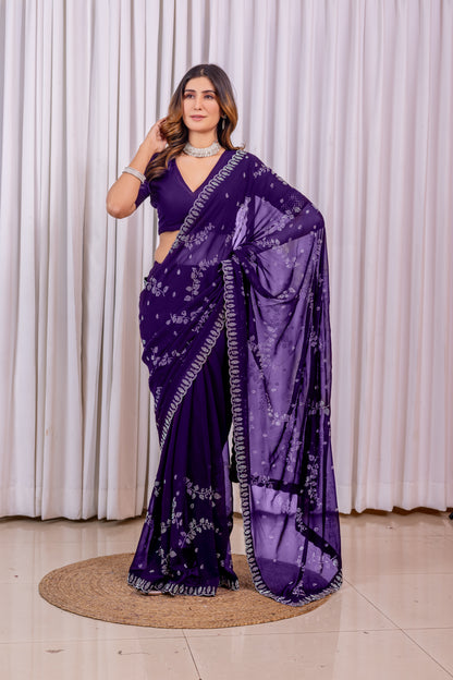 Leelavati Embroidered, Embellished Bollywood Georgette Saree (Purple)
