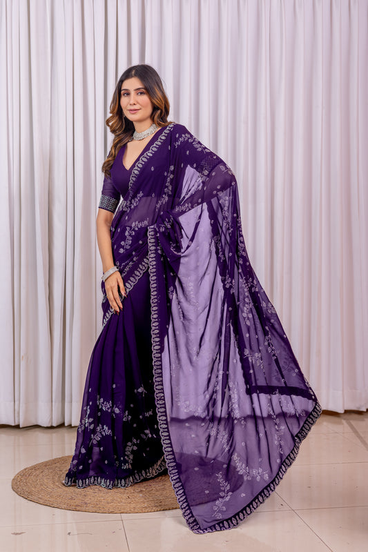 Leelavati Embroidered, Embellished Bollywood Georgette Saree (Purple)
