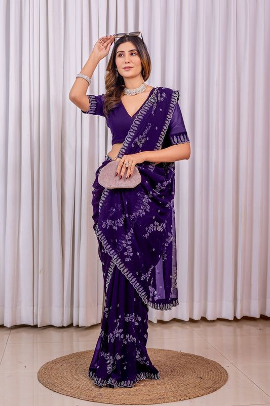 Leelavati Embroidered, Embellished Bollywood Georgette Saree (Purple)