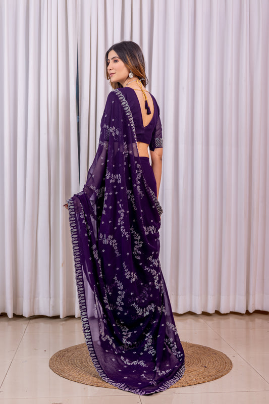 Leelavati Embroidered, Embellished Bollywood Georgette Saree (Purple)