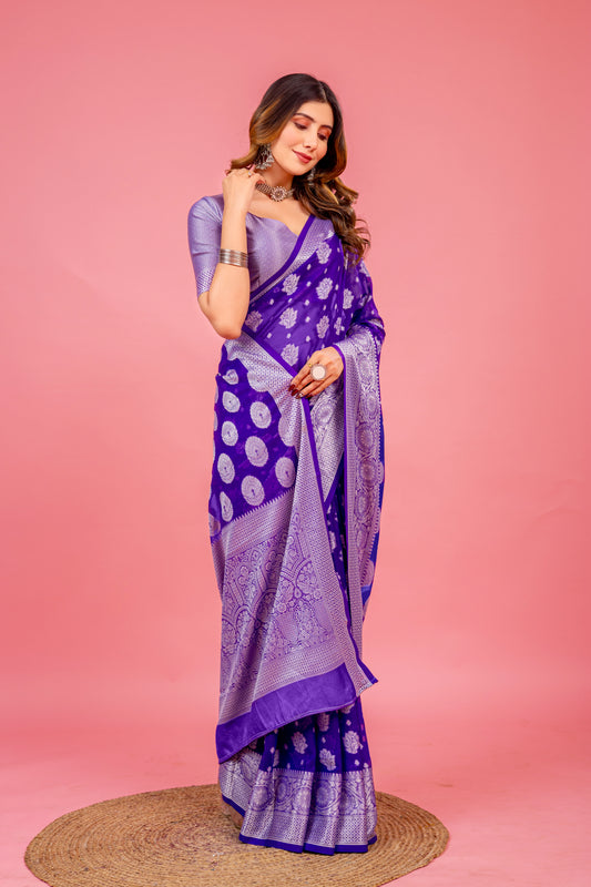 Leelavati Woven, Self Design Kanjivaram Pure Silk, Jacquard Saree (Purple)