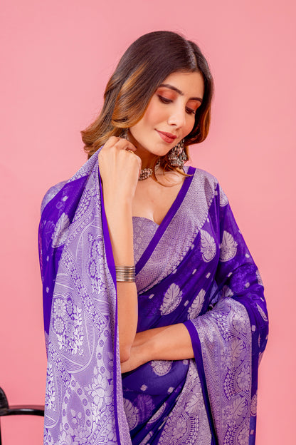 Leelavati Woven, Self Design Kanjivaram Pure Silk, Jacquard Saree (Purple)