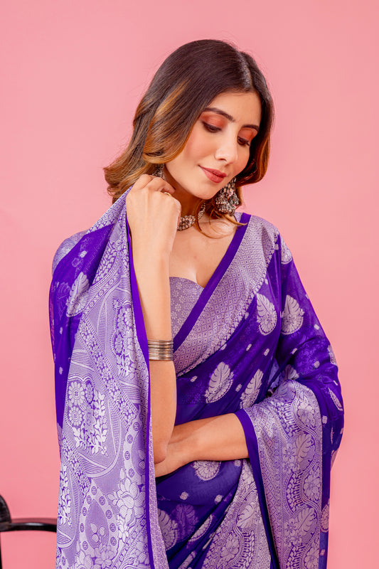 Leelavati Woven, Self Design Kanjivaram Pure Silk, Jacquard Saree (Purple)