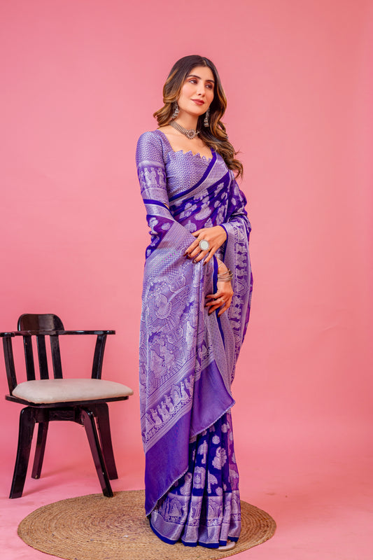 Leelavati Woven, Self Design Kanjivaram Pure Silk, Jacquard Saree (Purple)