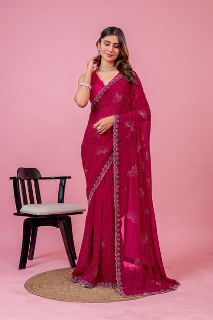 Leelavati Embroidered, Embellished Bollywood Georgette Saree (Pink)