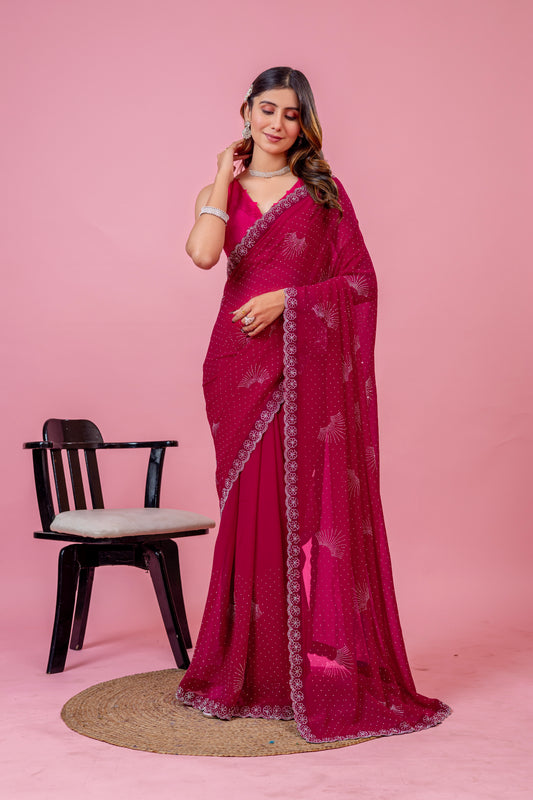 Leelavati Embroidered, Embellished Bollywood Georgette Saree (Pink)