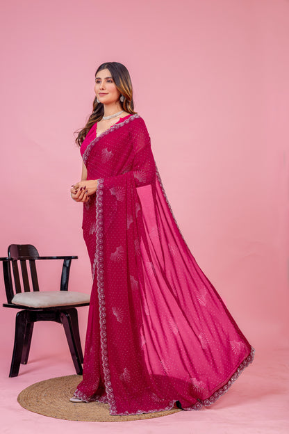 Leelavati Embroidered, Embellished Bollywood Georgette Saree (Pink)