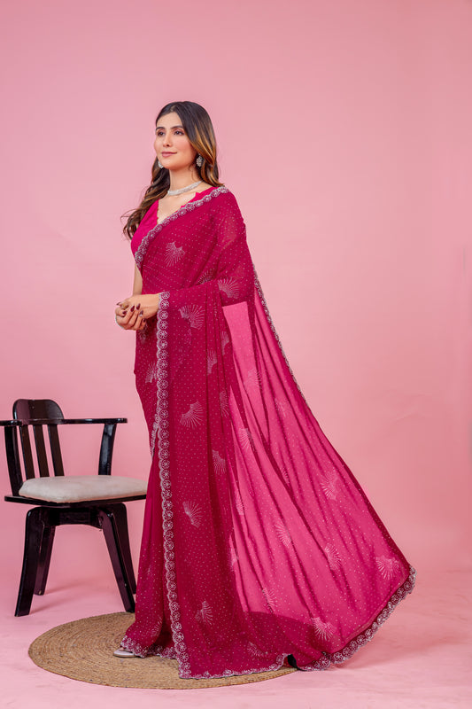 Leelavati Embroidered, Embellished Bollywood Georgette Saree (Pink)