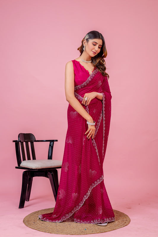 Leelavati Embroidered, Embellished Bollywood Georgette Saree (Pink)