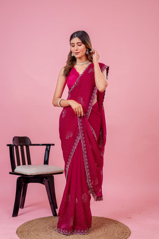 Leelavati Embroidered, Embellished Bollywood Georgette Saree (Pink)