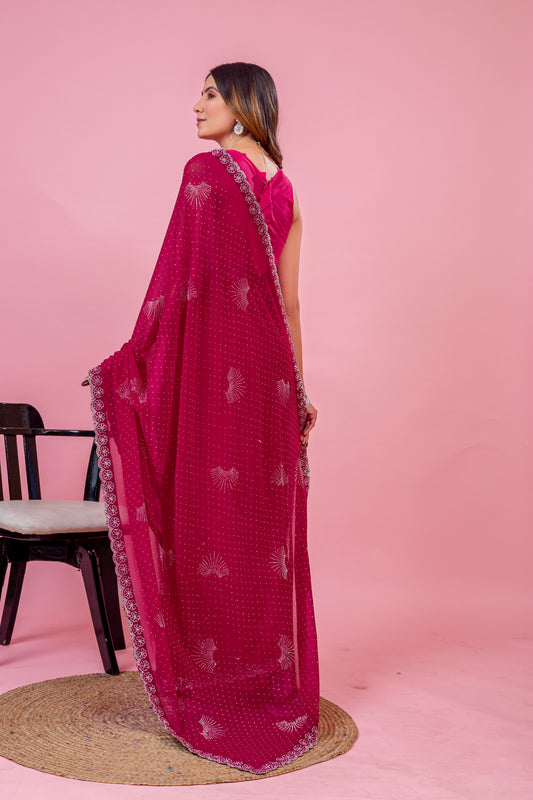 Leelavati Embroidered, Embellished Bollywood Georgette Saree (Pink)