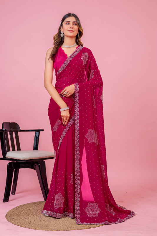Leelavati Embroidered, Embellished Bollywood Georgette Saree (Pink)