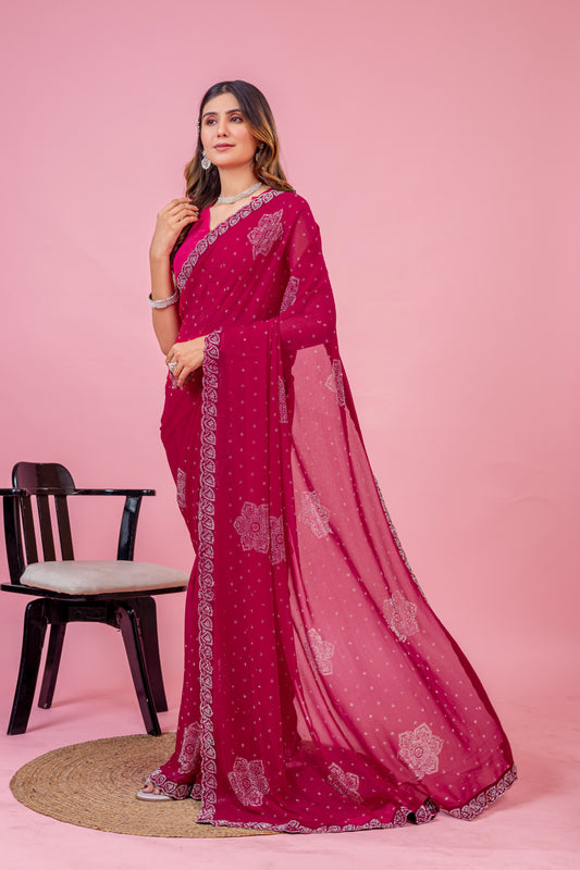 Leelavati Embroidered, Embellished Bollywood Georgette Saree (Pink)